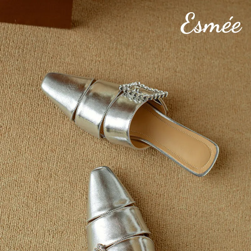Leather Roman Mules with Diamond Buckle