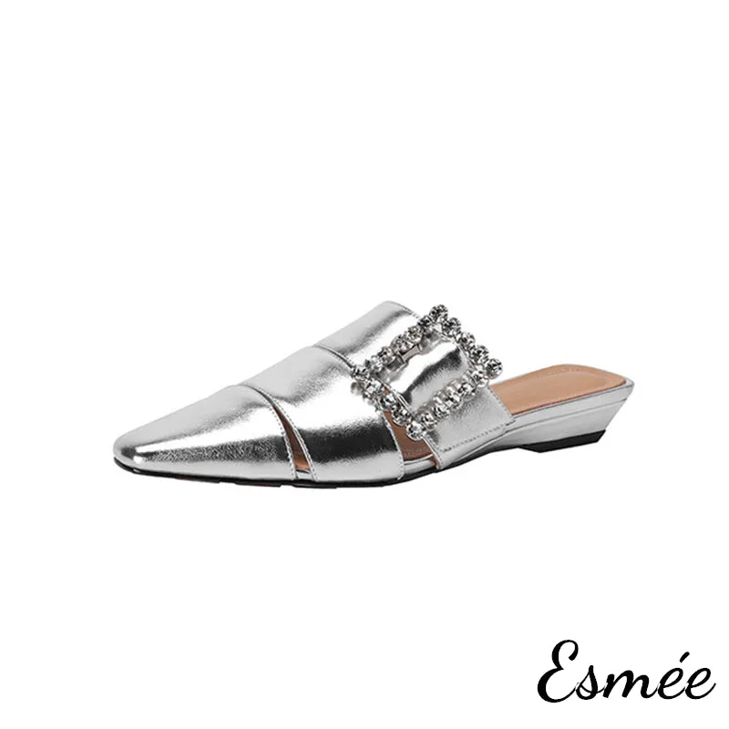 Leather Roman Mules with Diamond Buckle