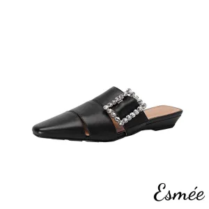 Leather Roman Mules with Diamond Buckle