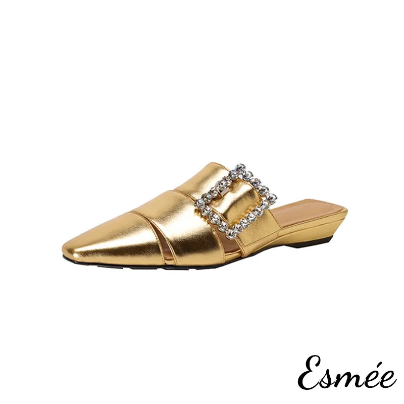Leather Roman Mules with Diamond Buckle
