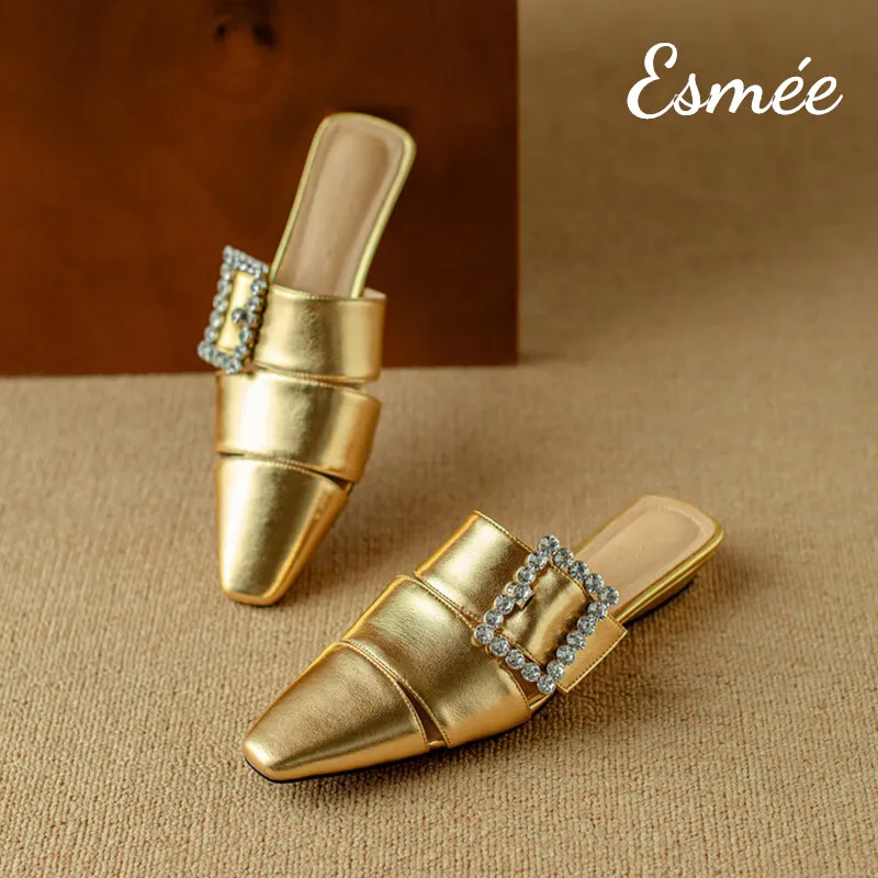Leather Roman Mules with Diamond Buckle