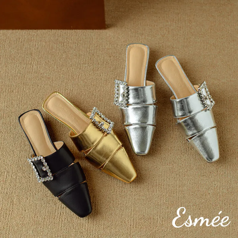 Leather Roman Mules with Diamond Buckle