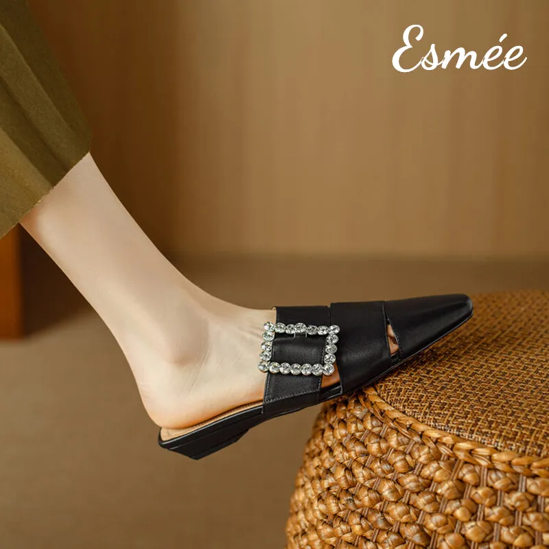 Leather Roman Mules with Diamond Buckle