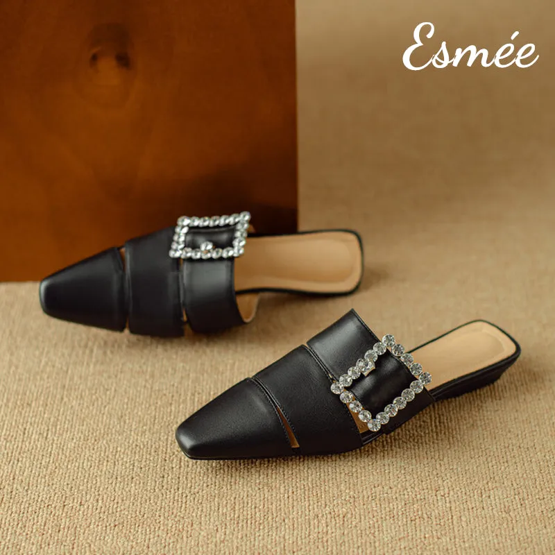Leather Roman Mules with Diamond Buckle
