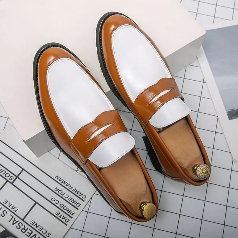 Men's Loafers Round Toe Vegan Leather Two Tone Penny Loafers Flat Heel Anti-Slip Resistant Party Slip On