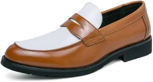 Men's Loafers Round Toe Vegan Leather Two Tone Penny Loafers Flat Heel Anti-Slip Resistant Party Slip On