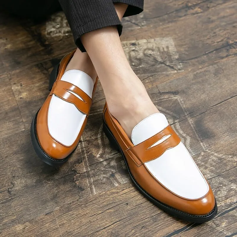 Men's Loafers Round Toe Vegan Leather Two Tone Penny Loafers Flat Heel Anti-Slip Resistant Party Slip On