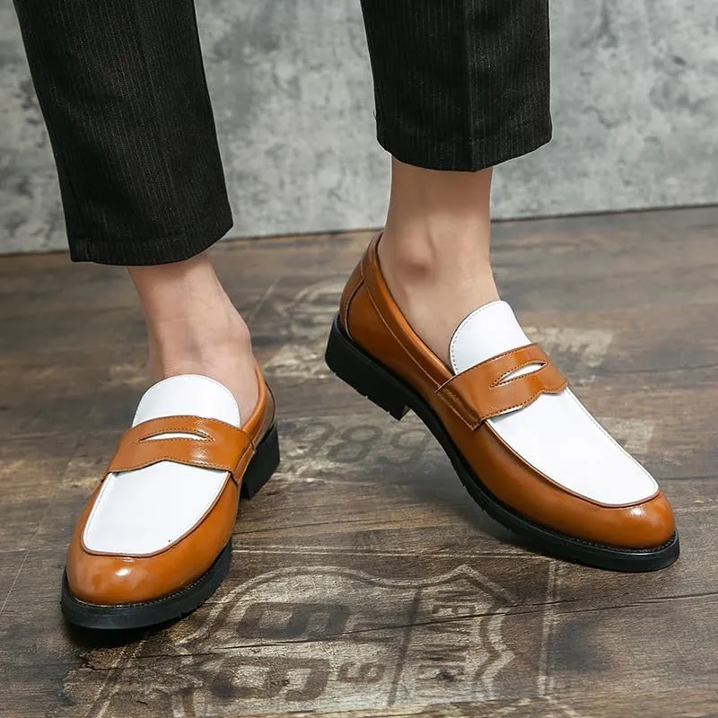 Men's Loafers Round Toe Vegan Leather Two Tone Penny Loafers Flat Heel Anti-Slip Resistant Party Slip On