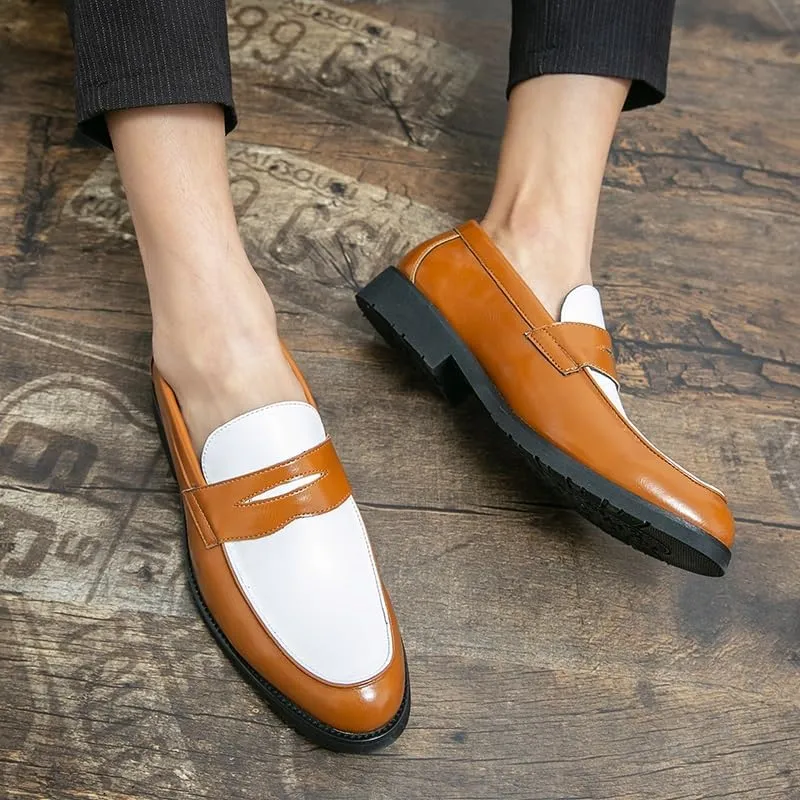 Men's Loafers Round Toe Vegan Leather Two Tone Penny Loafers Flat Heel Anti-Slip Resistant Party Slip On