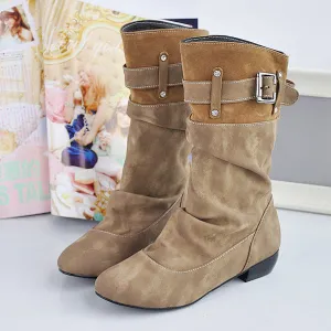 Patchwork Hasp Round Toe Low Heels Half Boots