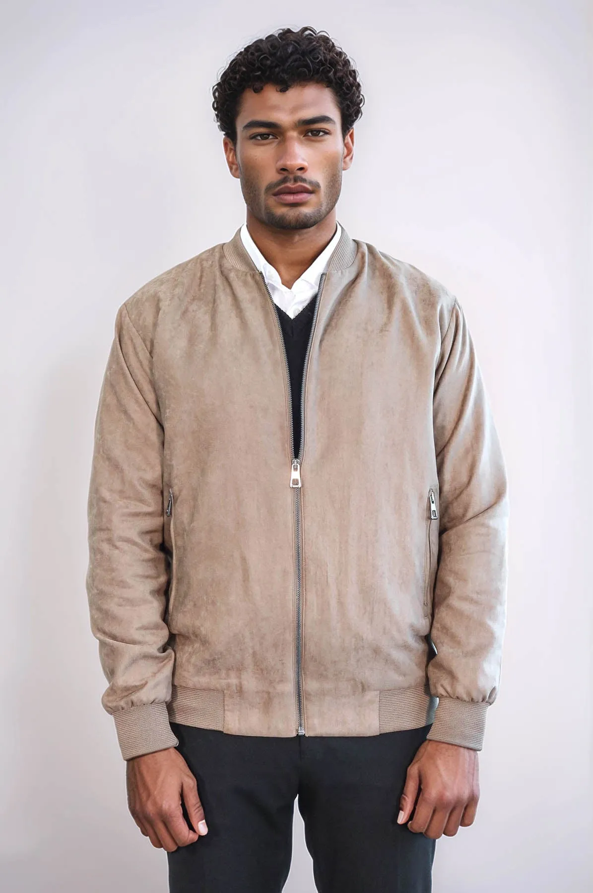 Plain Zippered Pockets Cream Men Bomber Coat - Wessi