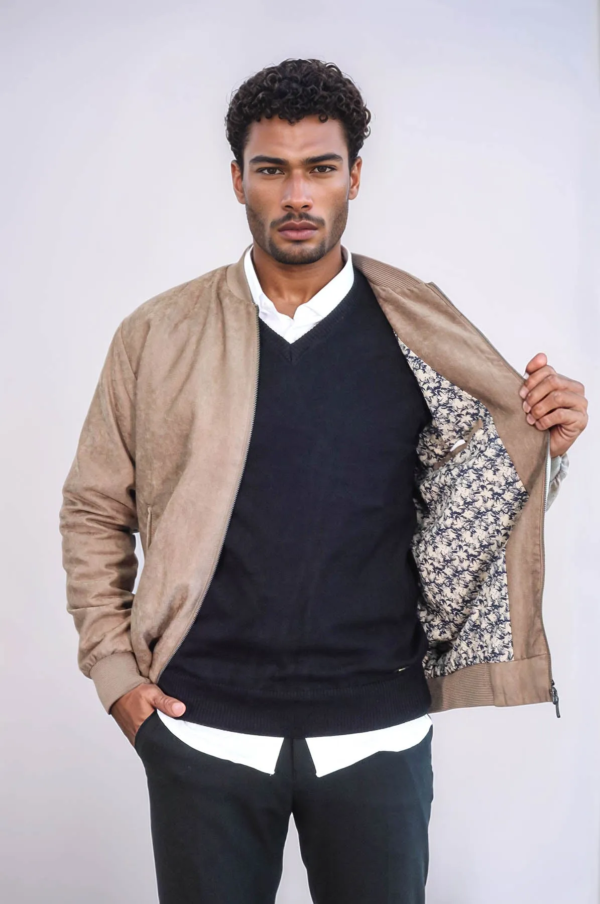Plain Zippered Pockets Cream Men Bomber Coat - Wessi