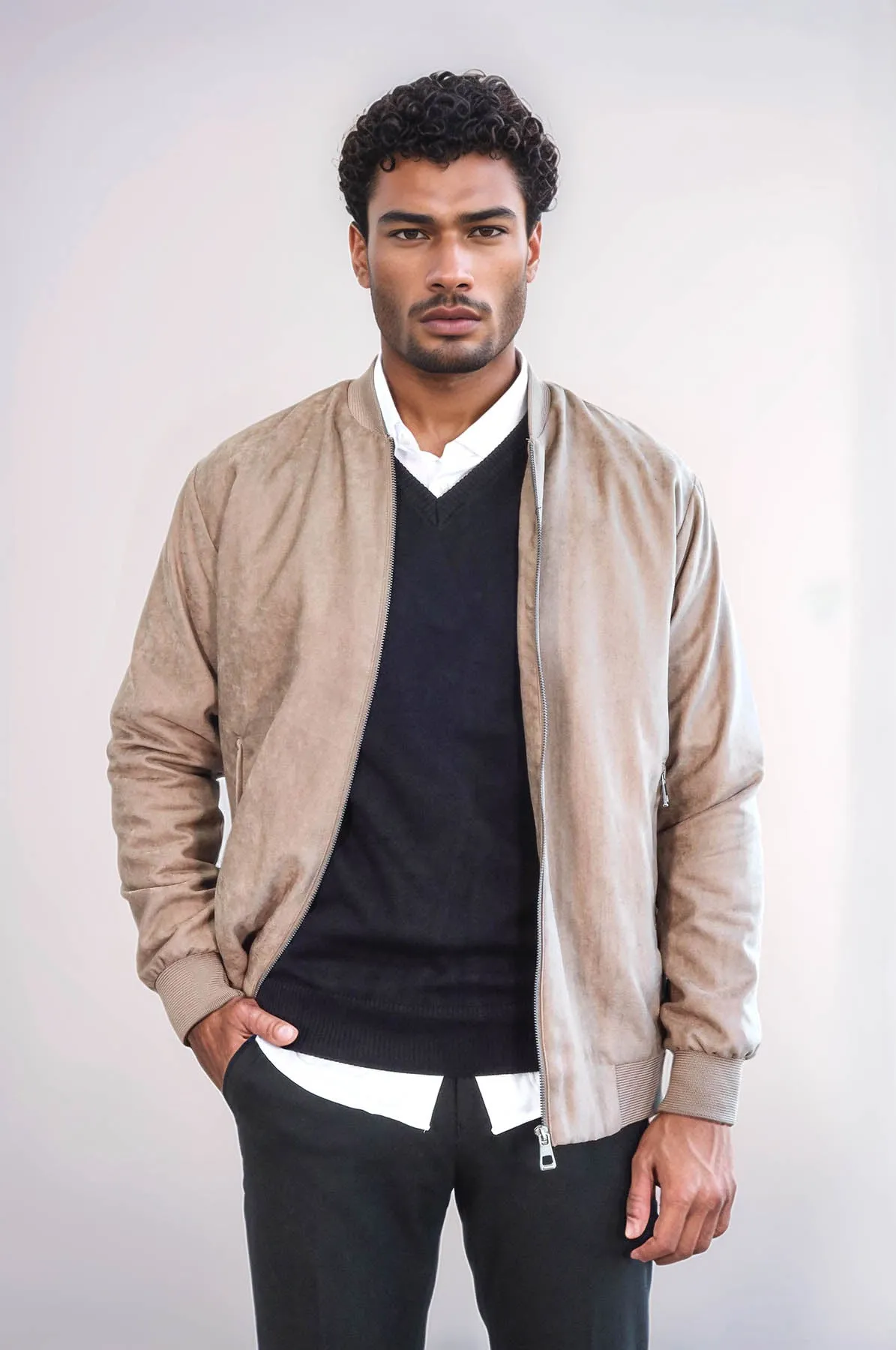 Plain Zippered Pockets Cream Men Bomber Coat - Wessi
