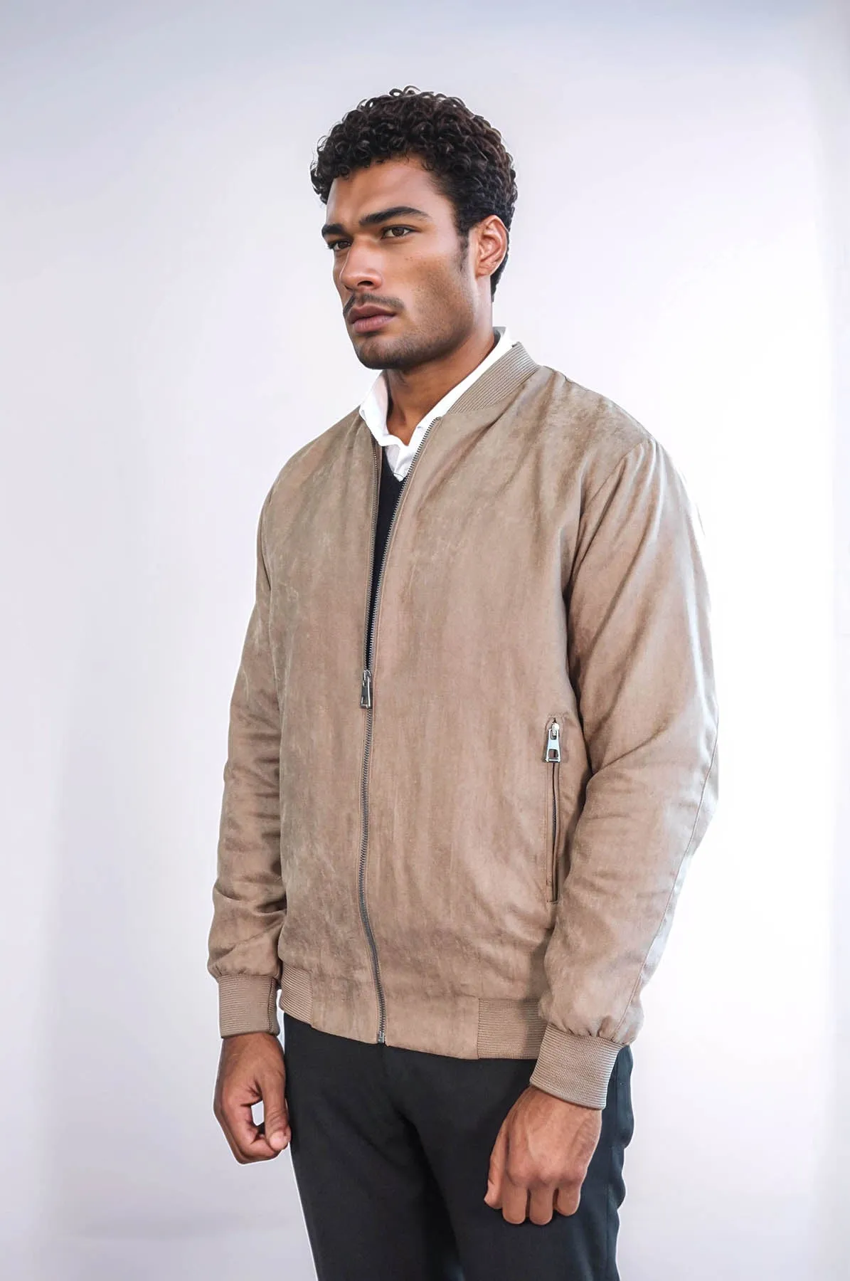 Plain Zippered Pockets Cream Men Bomber Coat - Wessi