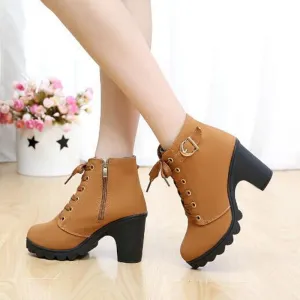 Platform Lace Up Chunky Heel Side Zipper Short Boots