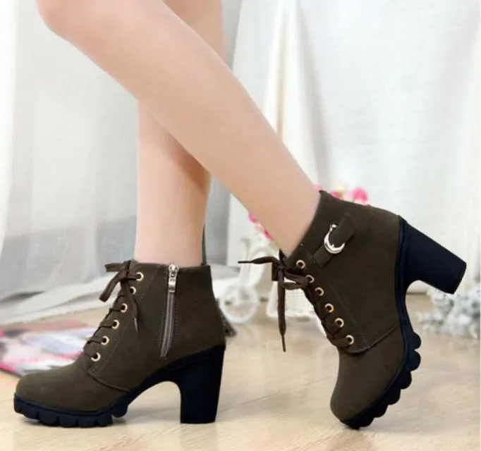 Platform Lace Up Chunky Heel Side Zipper Short Boots