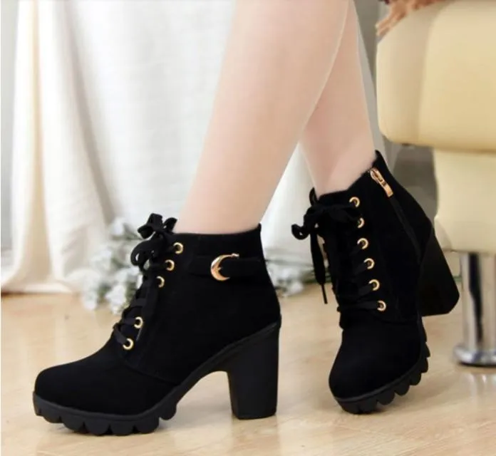 Platform Lace Up Chunky Heel Side Zipper Short Boots