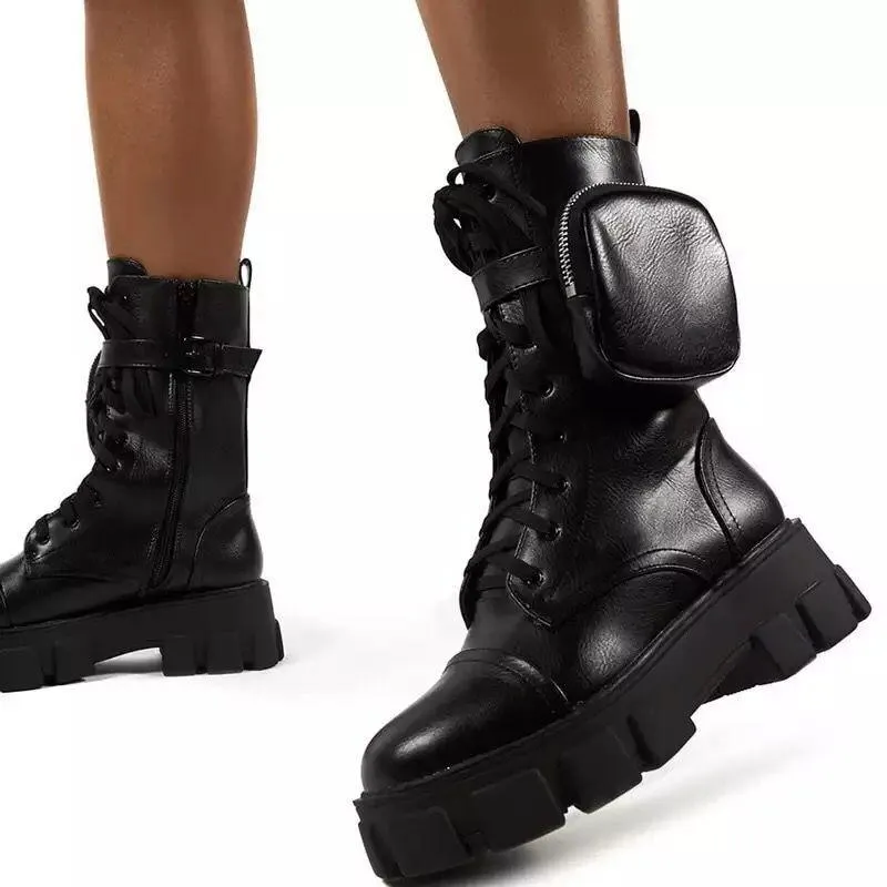 PU Pocket Buckle Heavy Soled Motorcycle Boots