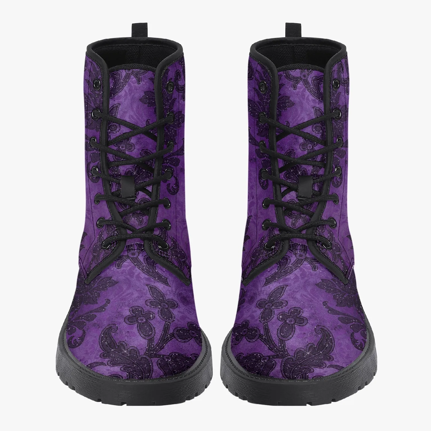 Purple Gothic Damask Pattern Combat Boots - Vegan Leather Purple boots (JPREG40)