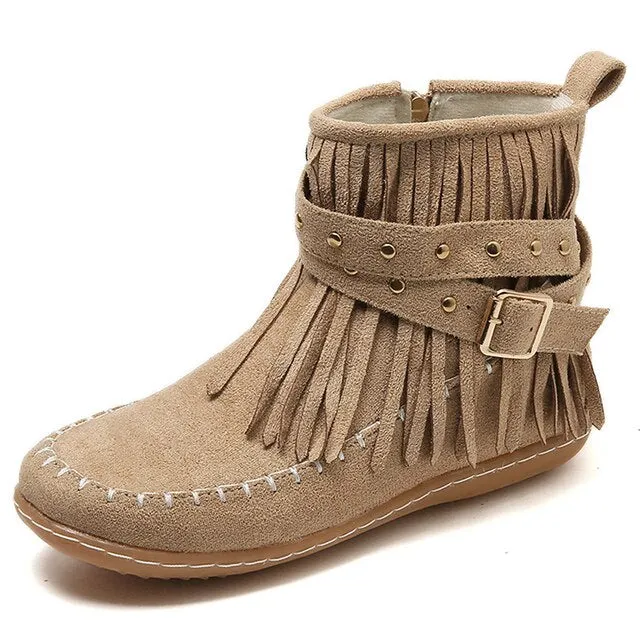 Retro Women’s Tassel Short Boots – Round Toe, Rivet Buckle Flat Ankle Boots, Casual Winter Warm Shoes for Women