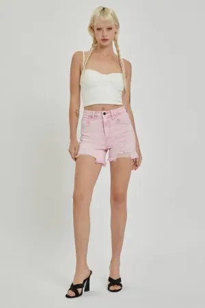RISEN Acid Pink High Rise Distressed Denim Shorts