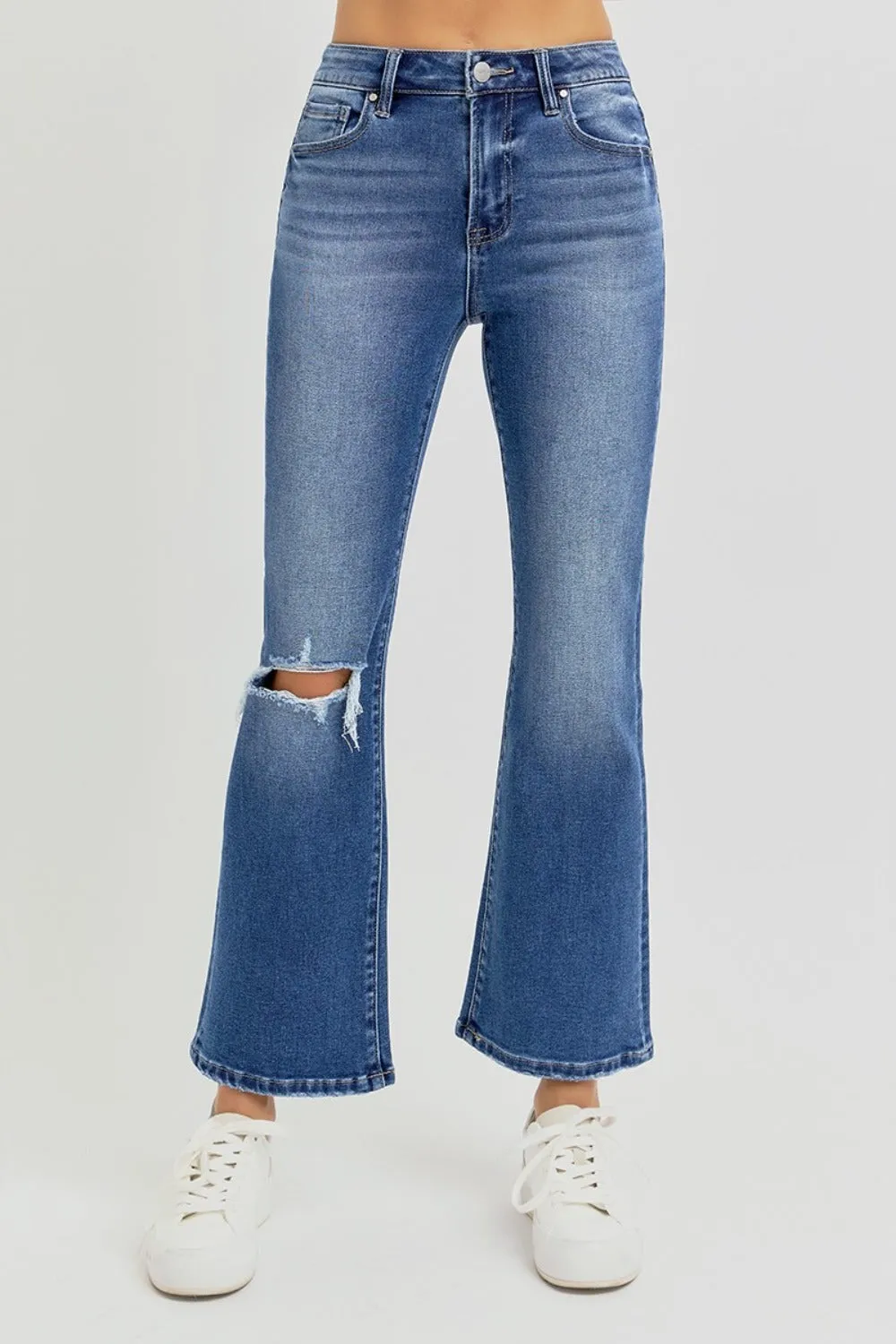 RISEN Dark Washed Distressed High Rise Crop Flare Jeans