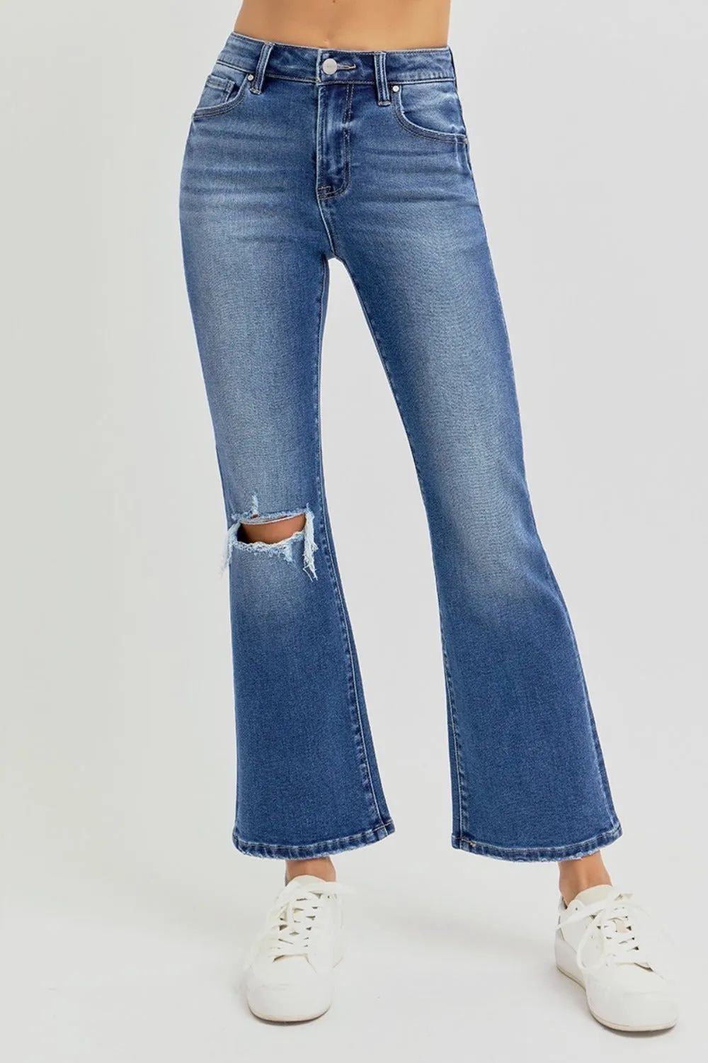 RISEN Dark Washed Distressed High Rise Crop Flare Jeans