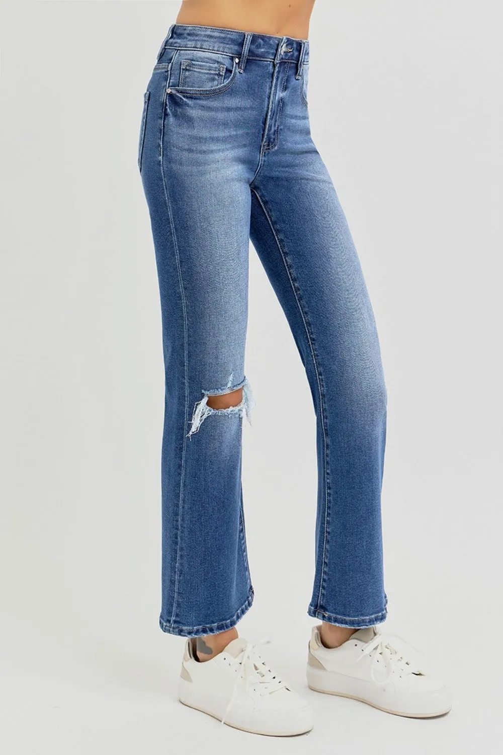 RISEN Dark Washed Distressed High Rise Crop Flare Jeans