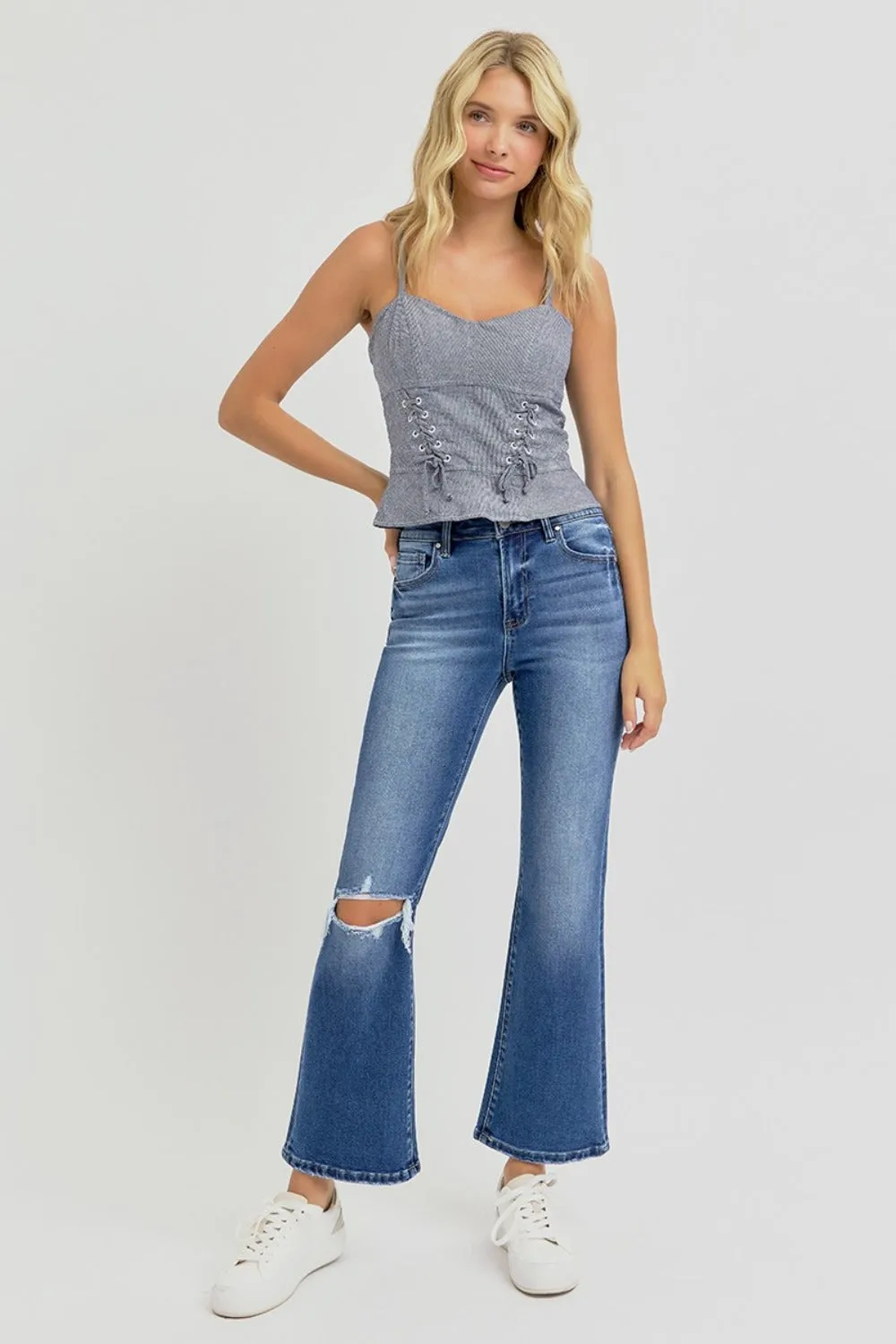 RISEN Dark Washed Distressed High Rise Crop Flare Jeans
