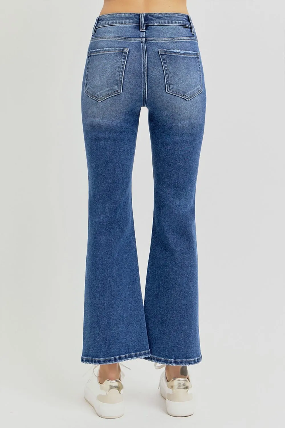 RISEN Dark Washed Distressed High Rise Crop Flare Jeans