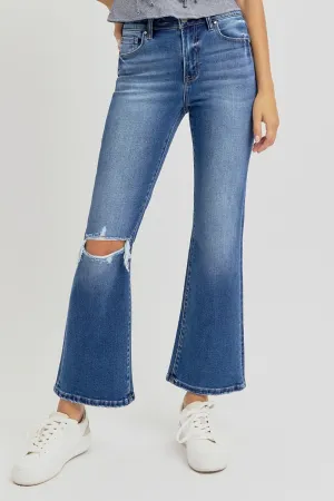 RISEN Dark Washed Distressed High Rise Crop Flare Jeans