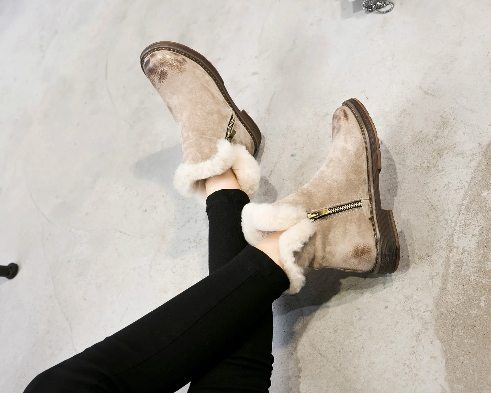 Side Zipper Round Toe Faux Fur British Martin Short Boots
