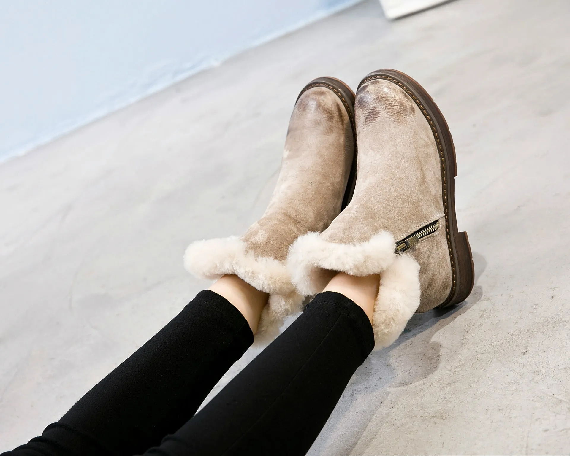 Side Zipper Round Toe Faux Fur British Martin Short Boots