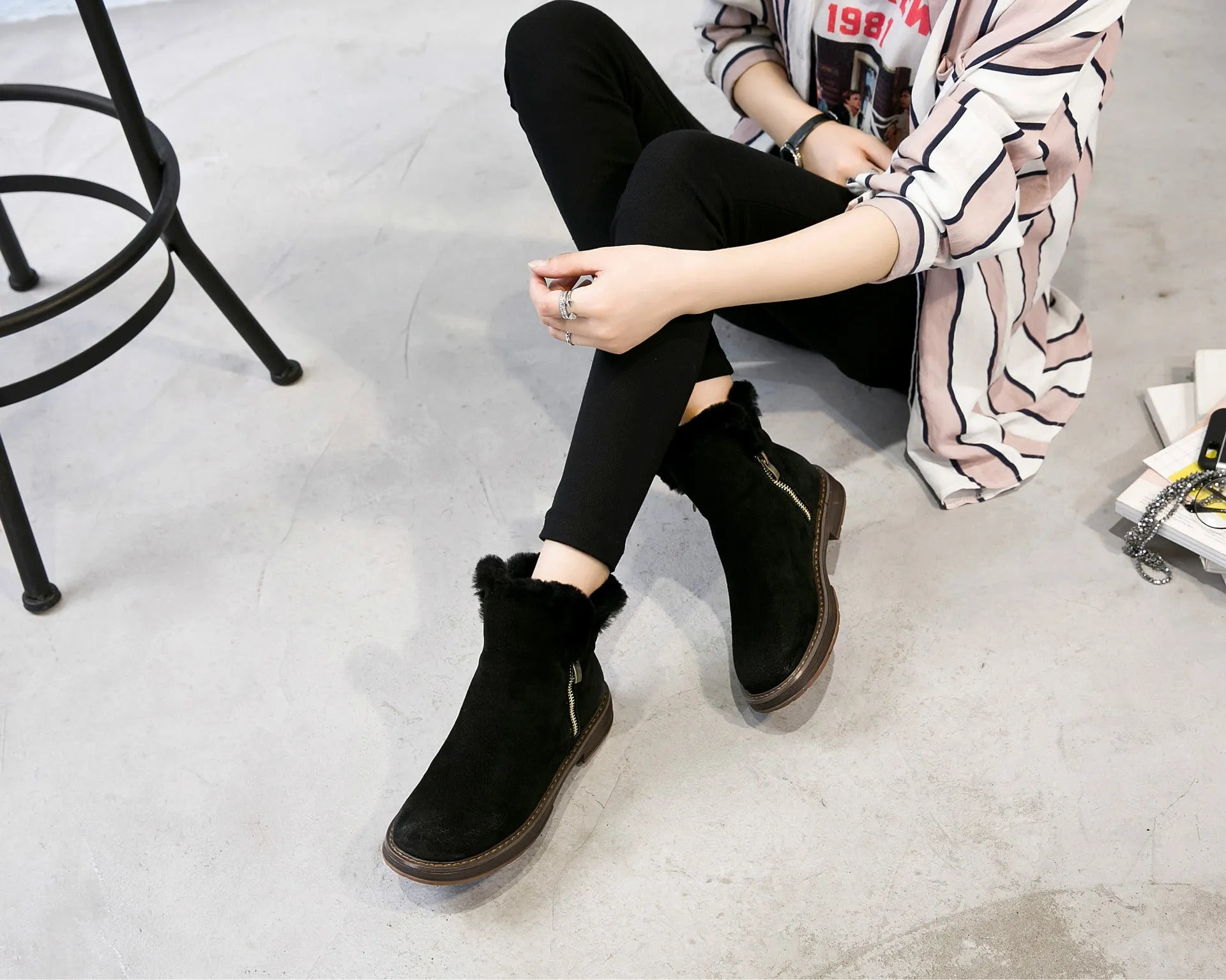Side Zipper Round Toe Faux Fur British Martin Short Boots