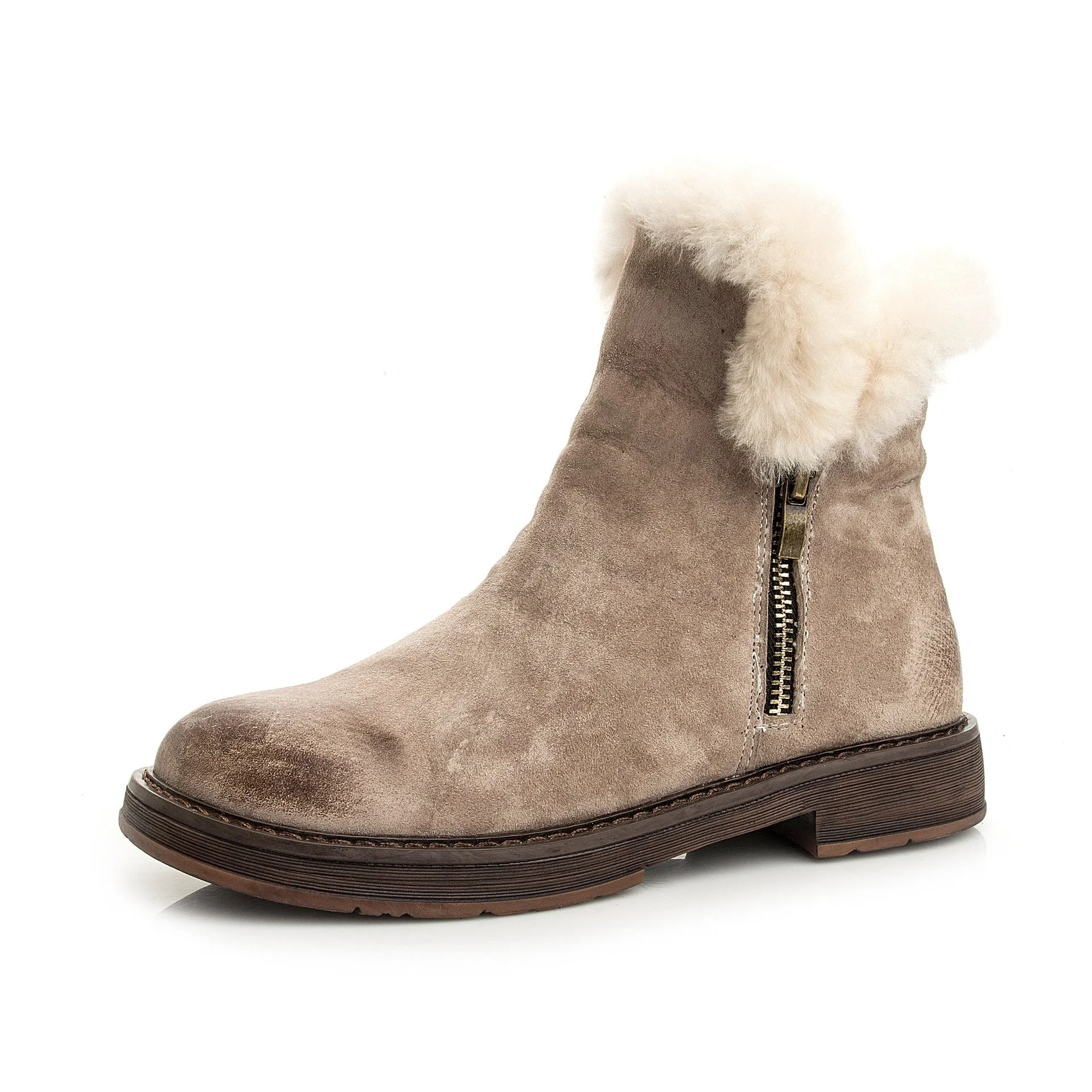 Side Zipper Round Toe Faux Fur British Martin Short Boots