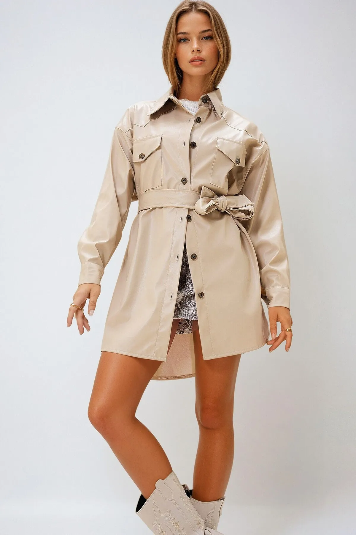 Sleek Double Pocket Belted Faux Leather Trench Coat