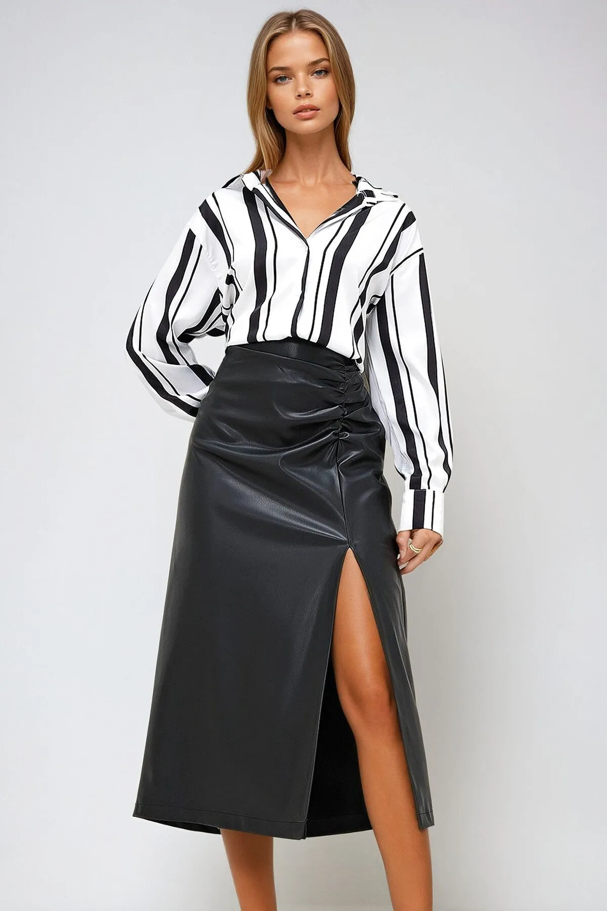 Sleek Slit Waist Draped Faux Leather Skirt