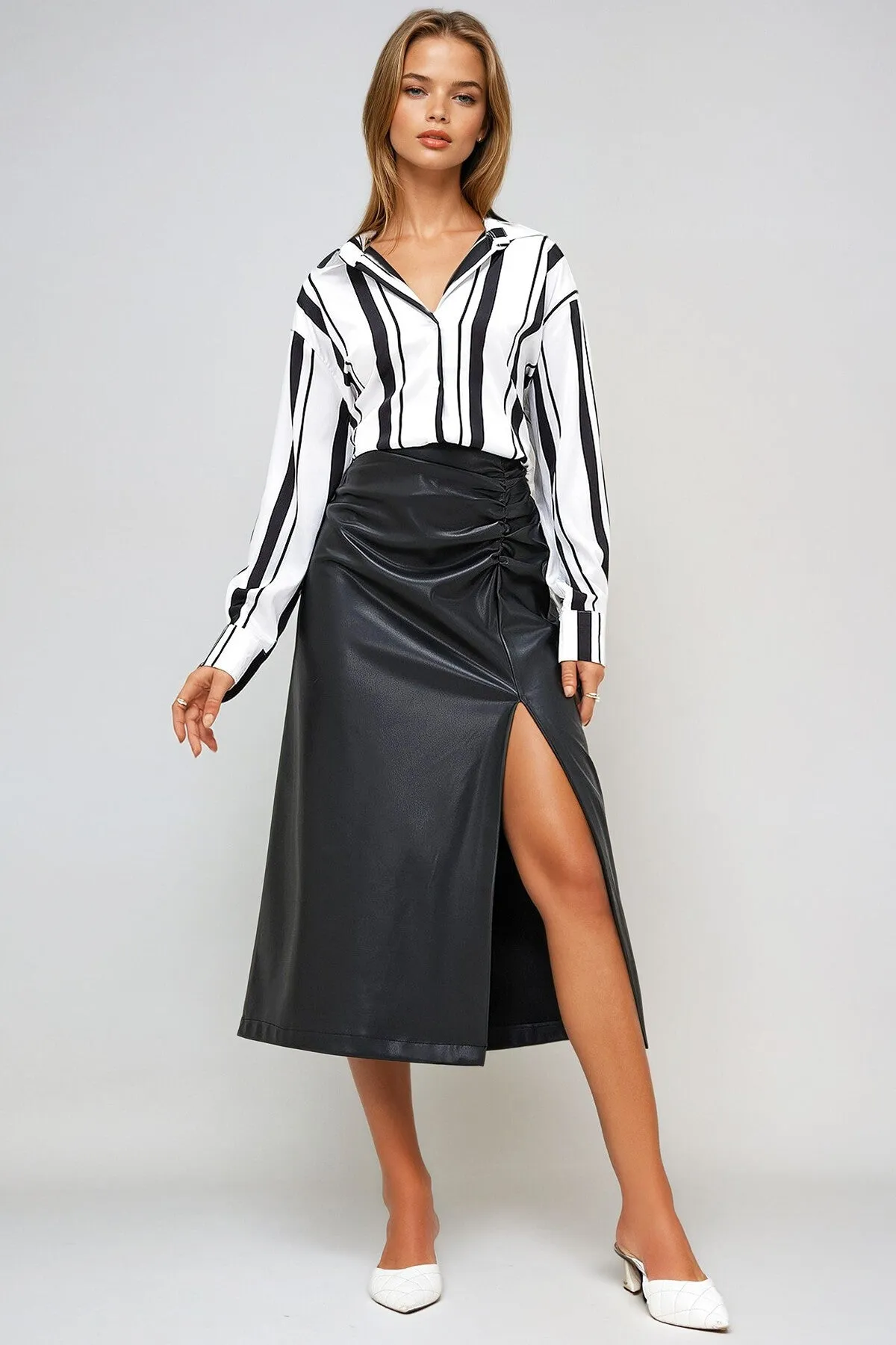 Sleek Slit Waist Draped Faux Leather Skirt