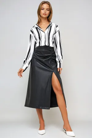 Sleek Slit Waist Draped Faux Leather Skirt