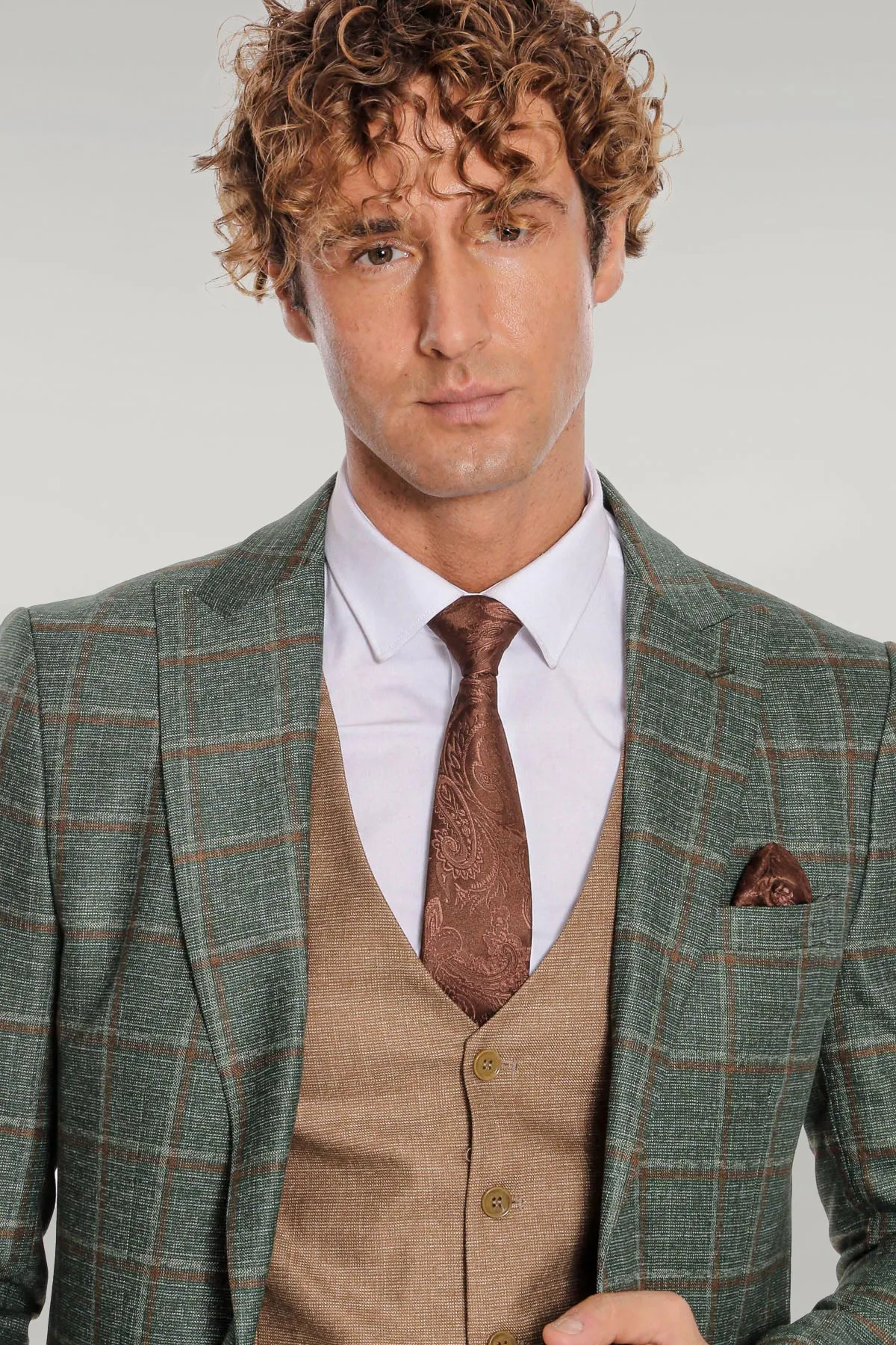 Slim Fit Checked Patterned Green Men Suit - Wessi