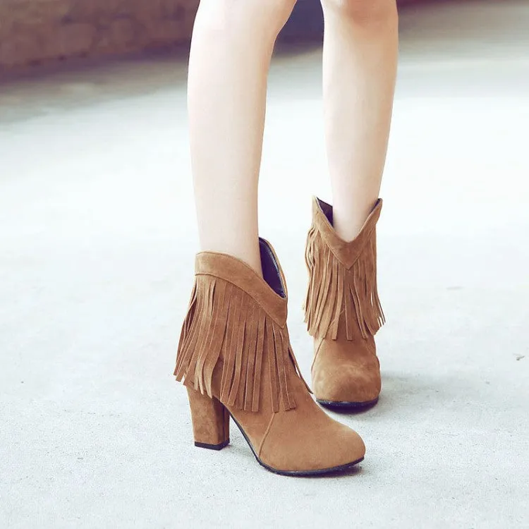Solid Color Tassels Pointed Toe Low Cut High Heels Short Boots