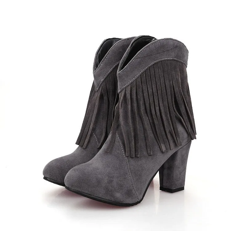 Solid Color Tassels Pointed Toe Low Cut High Heels Short Boots