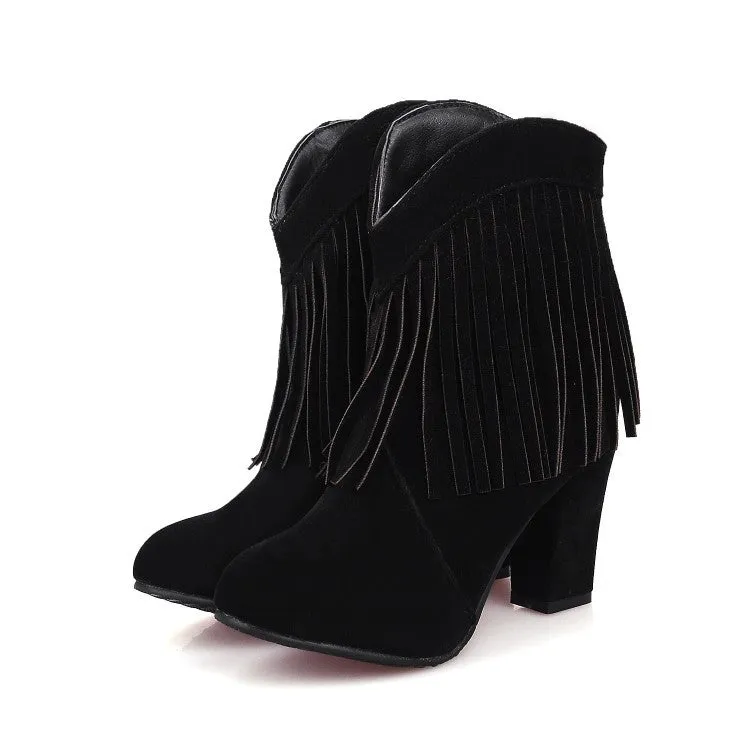 Solid Color Tassels Pointed Toe Low Cut High Heels Short Boots