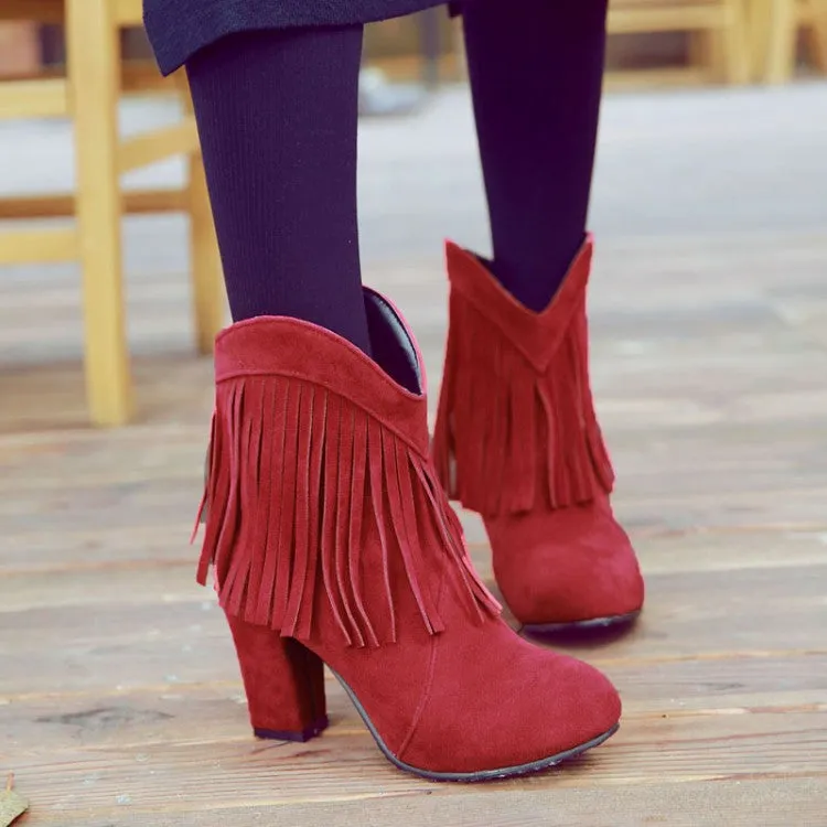 Solid Color Tassels Pointed Toe Low Cut High Heels Short Boots