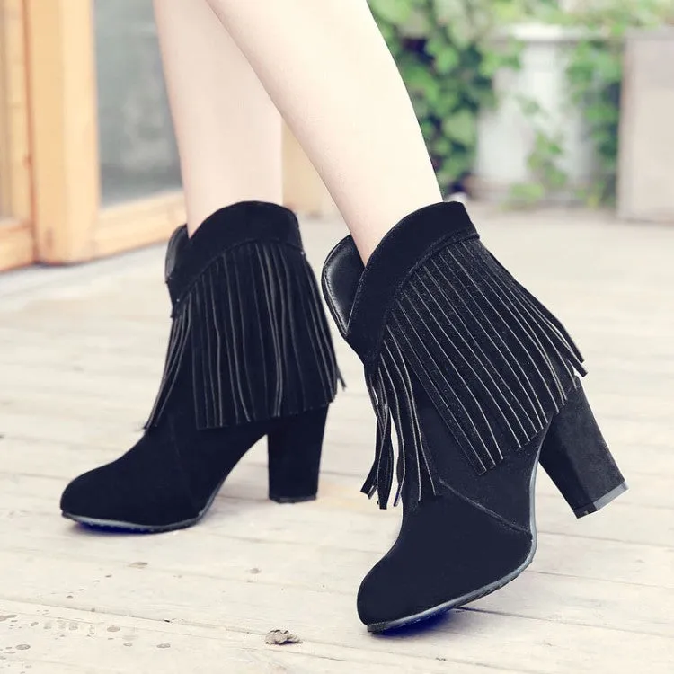 Solid Color Tassels Pointed Toe Low Cut High Heels Short Boots