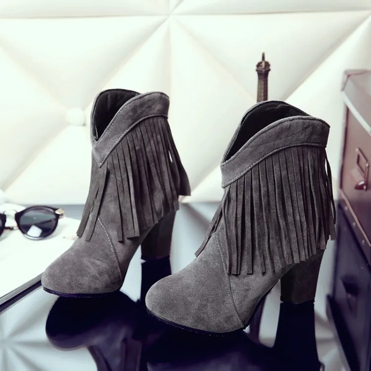 Solid Color Tassels Pointed Toe Low Cut High Heels Short Boots