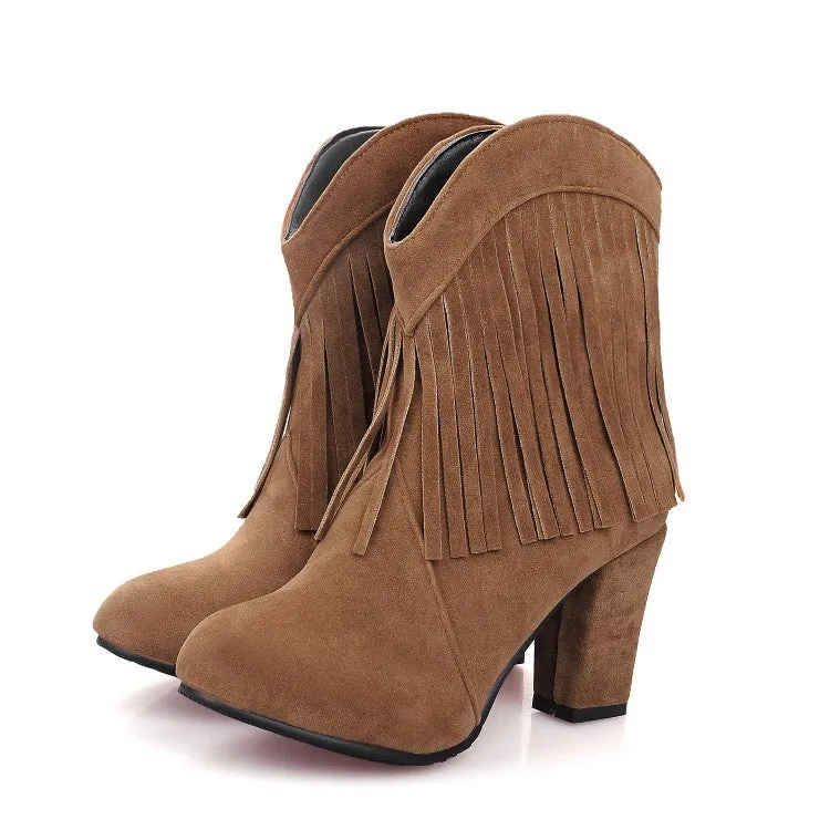 Solid Color Tassels Pointed Toe Low Cut High Heels Short Boots