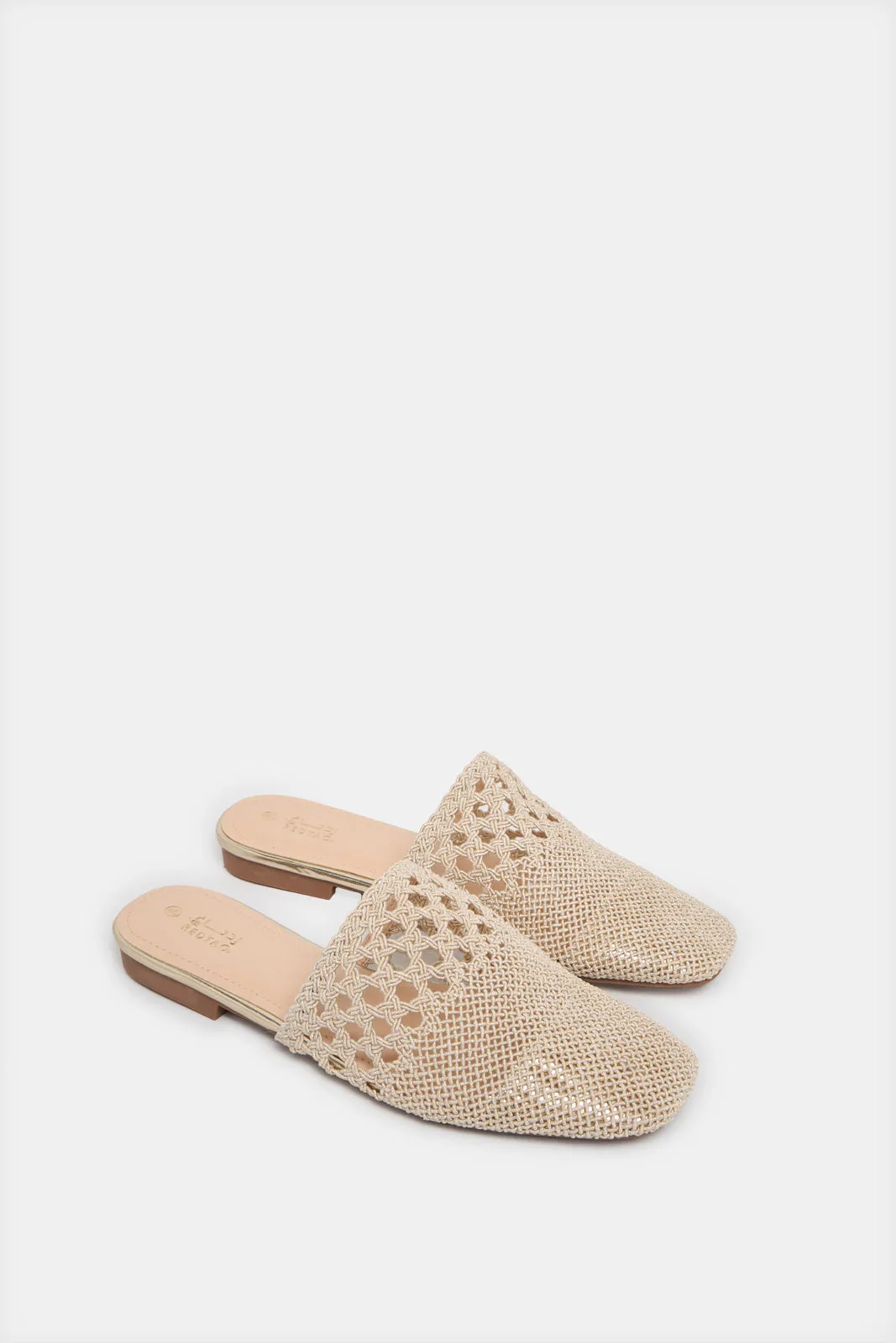 Women Beige Weave Loafer Mule